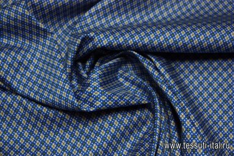 Сорочечная стрейч (н) мелкий бежево-горчичный орнамент на ярко-голубом ш-150см - итальянские ткани Тессутидея арт. 01-3064