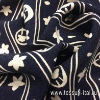 Плательная (н) белый цветочный орнамент и полоска на темно-синем  - итальянские ткани Тессутидея арт. 04-1088