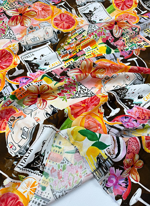 Плательная вискоза (н) итальянский городской пейзаж на коричневом - в интернет-магазине тканей Тессутидея арт. 04-1863