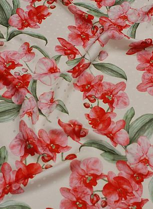Шелк дама (н) красные орхидеи и горох на белом - в интернет-магазине тканей Тессутидея арт. 10-3398
