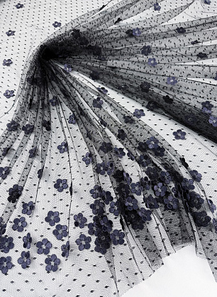 Плательная сетка с нашитыми цветами (н) черно-синяя - в интернет-магазине тканей Тессутидея арт. 03-7621