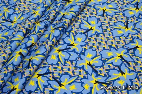 Хлопок костюмный стрейч (н) сине-желто-голубая абстракция - итальянские ткани Тессутидея арт. 01-5562
