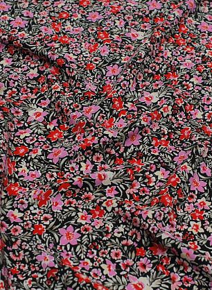 Плательная вискоза (н) красно-розовый цветочный рисунок на черном - в интернет-магазине тканей Тессутидея арт. 04-1617