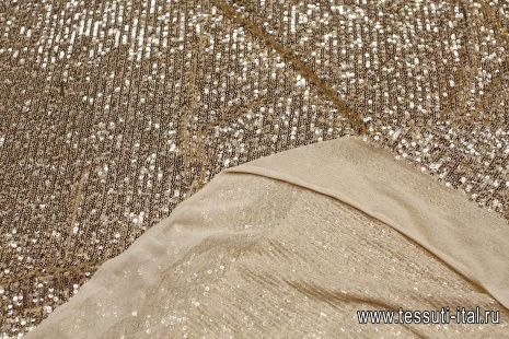 Плательная сетка расшитая пайетками (н) бежево-золотая - итальянские ткани Тессутидея арт. 03-7075