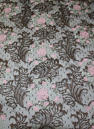 Кружевное полотно с вышивкой  и люрексом (н) розовые цветы на черном - в интернет-магазине тканей Тессутидея арт. 03-2480
