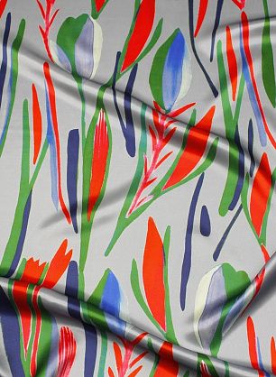 Шелк атлас (н) яркий красно-сине-зеленый рисунок на голубом - в интернет-магазине тканей Тессутидея арт. 10-3598