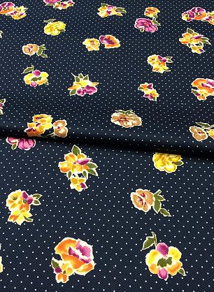 Плательная пике стрейч (н) белый горох и цветы на темно-синем - в интернет-магазине тканей Тессутидея арт. 01-4596
