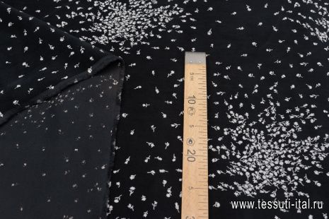 Микровельвет стрейч (н) белый цветочный рисунок на черном - итальянские ткани Тессутидея арт. 01-7062