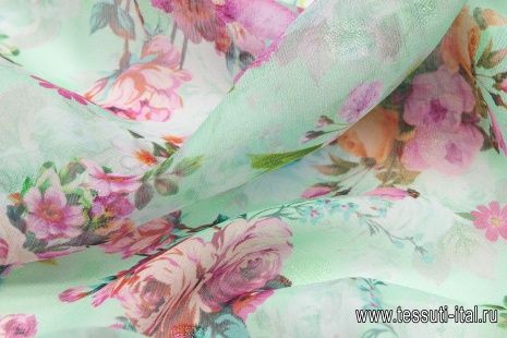 Шифон с люрексом (н) цветочный орнамент на светло-зеленом - итальянские ткани Тессутидея арт. 02-7529