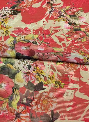 Шифон с люрексом (н) цветочный орнамент на красно-бежевом - в интернет-магазине тканей Тессутидея арт. 02-7346