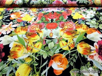 Крепдешин (н) крупный цветочно-растительный орнамент на черном - итальянские ткани Тессутидея арт. 02-8047