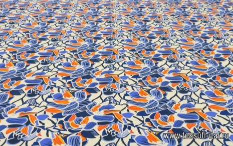 Шелк атлас стрейч (н) сине-оранжево-голубой цветочный орнамент на айвори - итальянские ткани Тессутидея арт. 02-8561