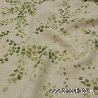 Лен (н) зеленый растительный рисунок на бежевом меланже - итальянские ткани Тессутидея арт. 16-0895
