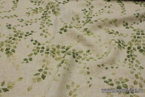 Лен (н) зеленый растительный рисунок на бежевом меланже - итальянские ткани Тессутидея арт. 16-0895