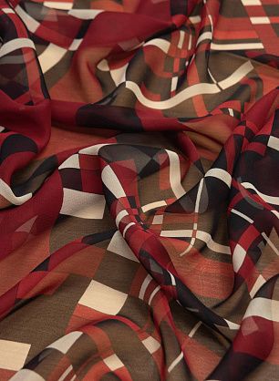 Крепшифон (н) черно-бежево-бордовый геометрический орнамент в стиле Armani - в интернет-магазине тканей Тессутидея арт. 10-0892