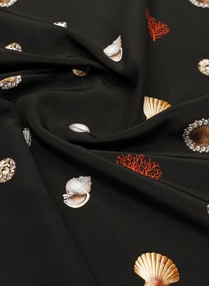 Крепдешин (н) ракушки, стразы и жемчуг на черном - в интернет-магазине тканей Тессутидея арт. 10-4466