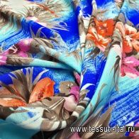 Крепдешин (н) крупный цветочный орнамент и пальмы на сине-голубом - итальянские ткани Тессутидея арт. 02-8253