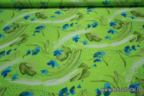 Туаль (н) зелено-голубой цветочный орнамент на салатовом LaCaleche - итальянские ткани Тессутидея арт. 02-6355