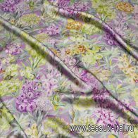 Шелк атлас (н) желто-салатово-сиреневый цветочный рисунок - итальянские ткани Тессутидея арт. 10-3703