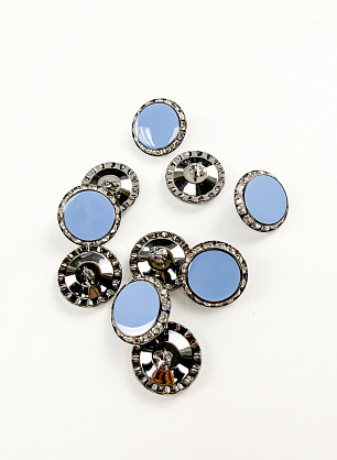 Пуговица комбинированная на ножке металл никель со стразами и голубой вставкой d-26мм  - итальянские ткани Тессутидея.