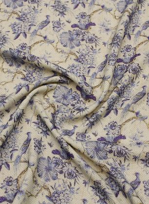 Плательная (н) сине-голубой растительный рисунок и птицы - в интернет-магазине тканей Тессутидея арт. 17-1053