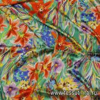Шелк атлас стрейч (н) цветочный рисунок и бабочки на зеленом  - итальянские ткани Тессутидея арт. 10-3428