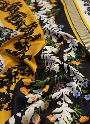 Шелк твил (н) цветочно-растительный принт на ярких полосках в стиле Oscar de la Renta  - в интернет-магазине тканей Тессутидея арт. 10-0911