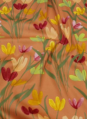 Хлопок стрейч (н) красно-желто-зеленые цветы на терракотовом - в интернет-магазине тканей Тессутидея арт. 01-7273