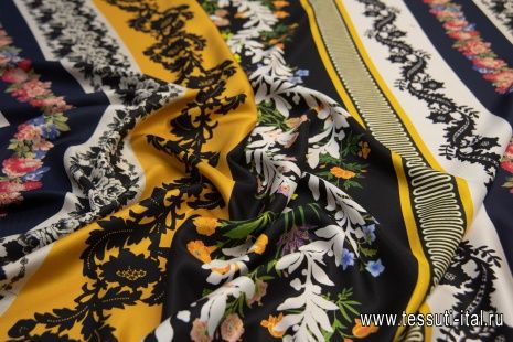 Шелк твил (н) цветочно-растительный принт на ярких полосках в стиле Oscar de la Renta  - итальянские ткани Тессутидея арт. 10-0911