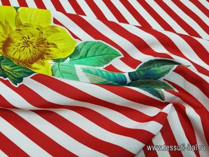 Плательная репс купон (0,77м) (о) цветы на красно-белой полоске - итальянские ткани Тессутидея арт. 01-3502