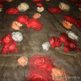 Органза деворе (н) красно-оранжевый цветочный орнамент на черном - итальянские ткани Тессутидея арт. 03-2846