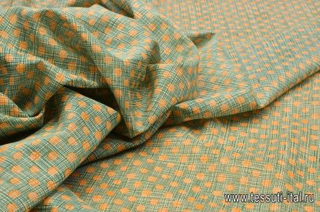 Маркизет (н) оранжевый стилизованный горох на мелкой бело-зеленой клетке - итальянские ткани Тессутидея арт. 02-8107