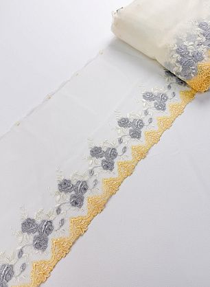 Кружево на сетке ш-20см серо-желтое, голубое  "LA PERLA" - в интернет-магазине тканей Тессутидея арт. 03-1514