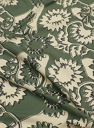 Плательная вискоза+лен (н) черно-молочная цветочная абстракция на зеленом - в интернет-магазине тканей Тессутидея арт. 04-1804