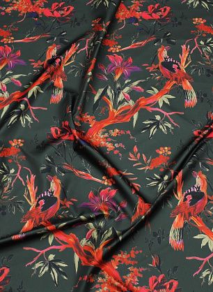 Плащевая (н) птицы и растительный рисунок на хаки - в интернет-магазине тканей Тессутидея арт. 11-0466