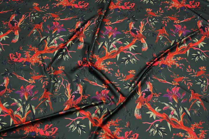 Плащевая (н) птицы и растительный рисунок на хаки - итальянские ткани Тессутидея арт. 11-0466