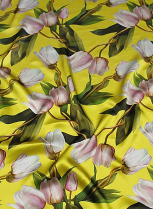 Шелк атлас (н) крупные тюльпаны на ярко-желтом - в интернет-магазине тканей Тессутидея арт. 10-3698