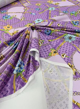 Хлопок (н) цветочный рисунок, цепи и логотип на сиреневом - в интернет-магазине тканей Тессутидея арт. 01-8041