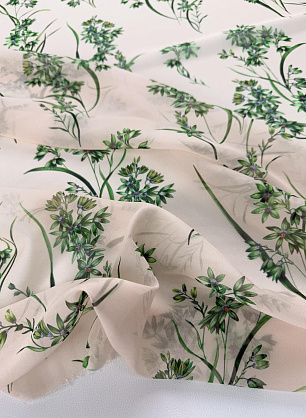Шифон 50 г/м (н) зеленый растительный рисунок на молочном - в интернет-магазине тканей Тессутидея арт. 10-4785