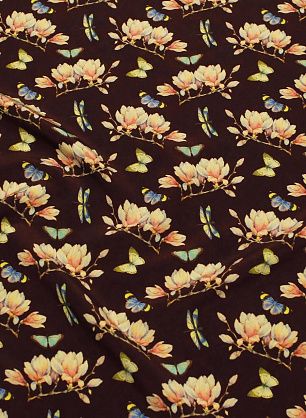 Крепдешин (н) растительный рисунок и бабочки на бордовом - в интернет-магазине тканей Тессутидея арт. 10-4676