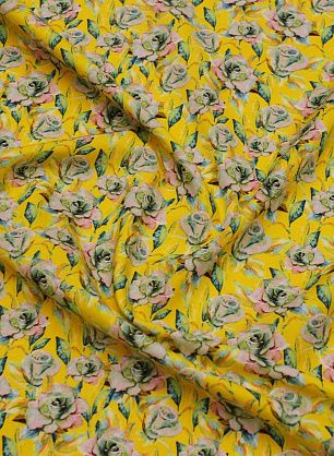 Хлопок (н) розово-зеленые розы на желтом - в интернет-магазине тканей Тессутидея арт. 01-7711