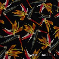 Шелк кади (н) желто-красно-оранжевый цветочный рисунок на черном - итальянские ткани Тессутидея арт. 10-3440