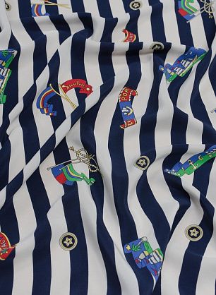 Крепдешин (н) морская тема на сине-белой полоске в стиле Ralph Lauren - в интернет-магазине тканей Тессутидея арт. 10-2481