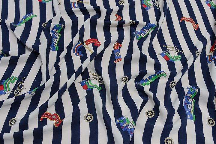 Крепдешин (н) морская тема на сине-белой полоске в стиле Ralph Lauren - итальянские ткани Тессутидея арт. 10-2481