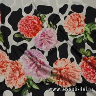 Шелк атлас стрейч (н) цветочный рисунок и крупный горох на черном - итальянские ткани Тессутидея арт. 10-3277
