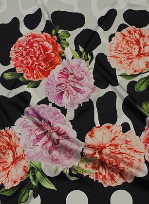 Шелк атлас стрейч (н) цветочный рисунок и крупный горох на черном - в интернет-магазине тканей Тессутидея арт. 10-3277