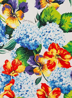 Хлопок (н) желто-оранжево-голубой цветочный рисунок на белом - в интернет-магазине тканей Тессутидея арт. 01-7803