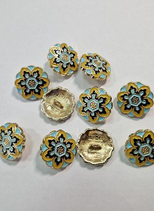 Пуговица металл золото на ножке d-18мм желто-бирюзовый цветок - итальянские ткани Тессутидея F-5810