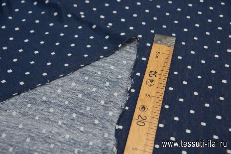 Трикотаж льняной (н) белые квадраты на темно-синем - итальянские ткани Тессутидея арт. 12-1000