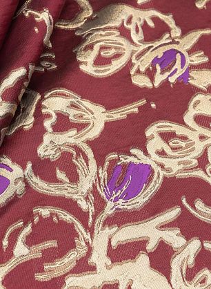 Тафта слюрексом купон (1,8м) (н) сиренево-золотой цветочный рисунок на бордовом - в интернет-магазине тканей Тессутидея арт. 03-6769